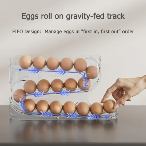 Miniatura 4 de Sotfamily Soporte transparente para huevos para refrigerador, dispensador automático de huevos para huevos, 18 unidades, diseño FIFO, rodillo