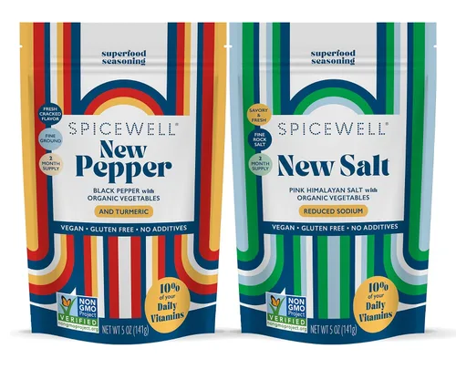 Spicewell Nuevo dúo de bolsa de sal y pimienta | Sal rosa del Himalaya reducida en sodio + la pimienta negra más sabrosa y cálida infundida con