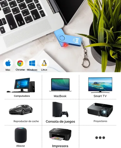 Miniatura 5 de MOSDART Unidad flash USB 2.0 de 64 GB, con bucle para llavero, diseño giratorio con luz LED, memoria USB exFAT para computadoras, respaldo del Azul