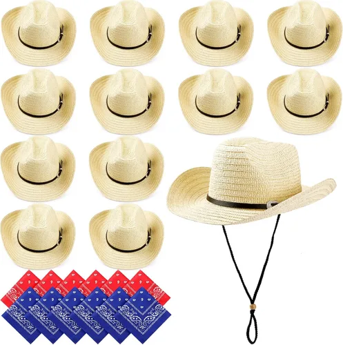 SATINIOR Juego de 12 gorras de vaquero de paja y bandana, gorro de fiesta de vaquero, bandana a granel accesorios occidentales (beige, estilo de