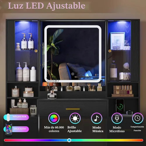 Miniatura 7 de HUANLEGO Escritorio de tocador de maquillaje con espejo y luces, espejo de tocador negro con luces escritorio y 7 cajones y armario de cristal LED