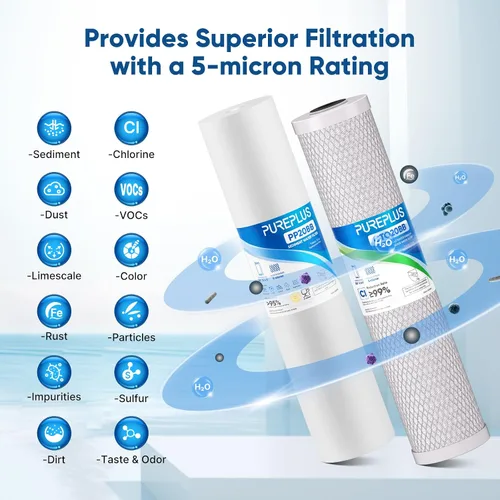 Miniatura 4 de PUREPLUS Kit de cartuchos de filtro de agua para toda la casa de 5 micras, 50.8 cm x 11.43 cm, con filtro de sedimentos y filtro de bloque de carbón