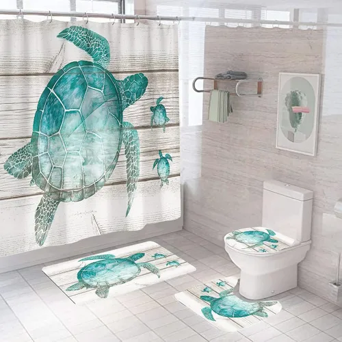 Miniatura 19 de Cortina de ducha de tortuga marina, juego de cortinas de ducha de océano azul, divertidas cortinas de ducha con 12 ganchos, cortinas de tela
