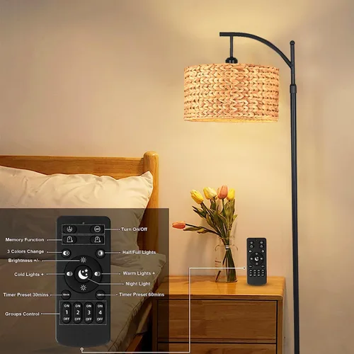 Miniatura 7 de QIYIZM Lámpara de pie para sala de estar, dormitorio, estilo granja, arco, ratán, boho, lámpara de pie con control remoto regulable, pantalla