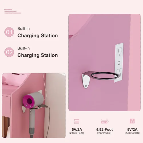 Miniatura 5 de Escritorio pequeño con espejo y luces, juego de tocador de maquillaje rosa con 2 cajones y taburete, tocador de maquillaje compacto para dormitorio