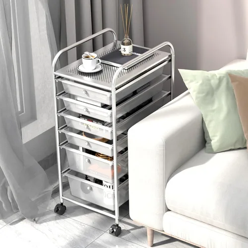 Miniatura 5 de Happygrill Carrito organizador de 6 cajones, carrito de almacenamiento móvil con cajones extraíbles y ruedas con cerradura, carrito de Transparente
