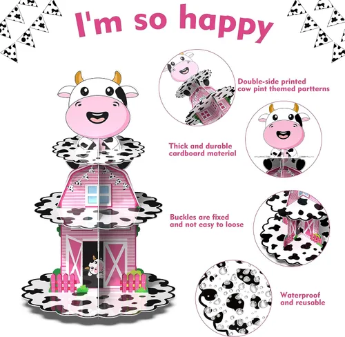 Miniatura 4 de Holy Cow I'm One Birthday Decor – Soporte de cartón con estampado de vaca de 3 niveles para fiesta de primer cumpleaños, soporte para cupcakes