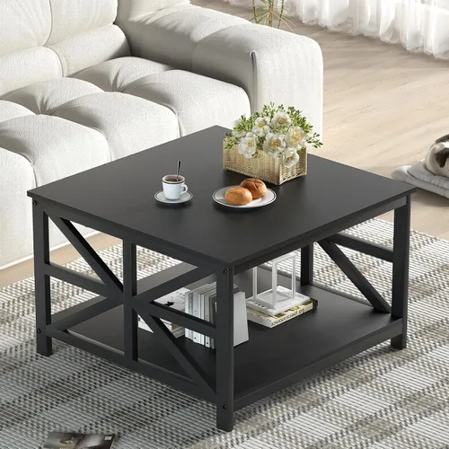 GreenForest Mesa de café moderna para sala de estar con almacenamiento de 2 niveles, pequeña mesa central de granja cuadrada de madera y metal con