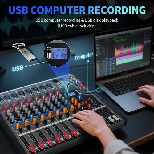 Miniatura 2 de Depusheng Mezclador de audio profesional de 8 canales, tablero de sonido DX8, interfaz de sistema de consola de mezcla de DJ, entrada USB MP3