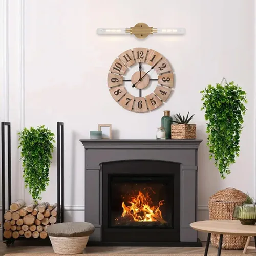 Miniatura 8 de Apliques de pared con textura moleteada dorada de 24" Lámparas modernas cilíndricas para tocador de baño con pantalla de vidrio transparente rayado