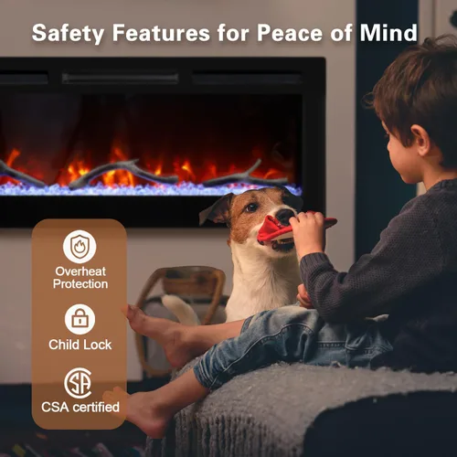 Miniatura 8 de Cheerway Chimenea eléctrica inteligente WiFi de 42 pulgadas, calentador eléctrico empotrado y montado en la pared con sonido crepitante y llama