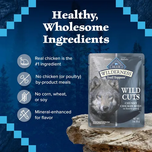 Miniatura 6 de Blue Buffalo Wilderness Trail Toppers Wild Cuts - Alimento húmedo natural para perros con alto contenido de proteínas, bocados de pollo en salsa