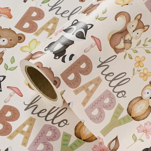 Miniatura 14 de WRAPAHOLIC Rollo de papel de regalo Kraft Animal - Mini Rollo - 17 pulgadas x 16.5 pies - Diseño de mono, elefante y dinosaurio lindos, perfecto