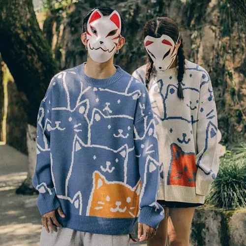 Miniatura 5 de Gato Gráfico Hombres Abuelo Suéter Japonés Gótico Punto Outwear Emo Alt Cuello Redondo Ropa Linda Y2K Tops de Manga Larga