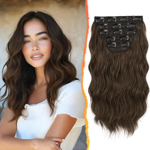 Miniatura 32 de BARSDAR Extensiones de cabello ondulado con clip, color marrón chocolate oscuro, extensiones de cabello con clip de 20 pulgadas para mujer, 5 piezas