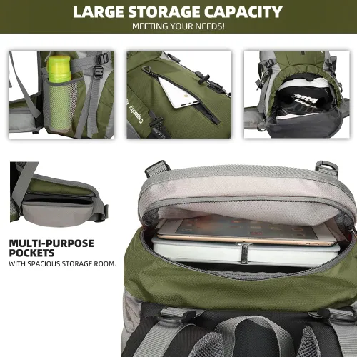 Miniatura 4 de Mochila de 70 L para Camping, Senderismo, Escalada al Aire Libre con Funda Impermeable para Lluvia Verde Armada (ArmyGreen)
