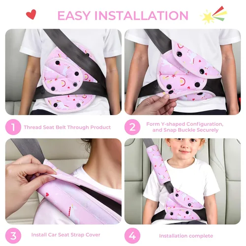 Miniatura 8 de COOLBEBE Juego de almohadillas de asiento para niños, cómodo cojín para hombros y vientre, funda universal para correa de asiento para refuerzo, Rosa