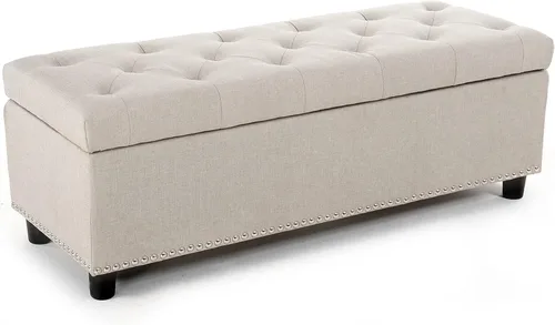 Miniatura 15 de BELLEZE Otomana de almacenamiento, otomana copetuda con bisagra de cierre, reposapiés para sala de estar (beige, 31 pulgadas)