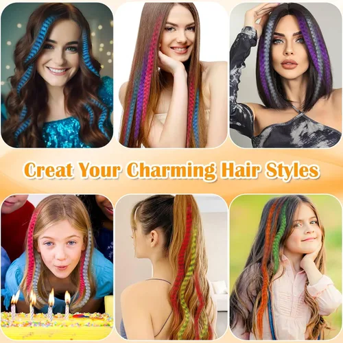 Miniatura 7 de Kit de 65 piezas de plumas para el cabello con herramientas para extensiones de cabello, kit de extensiones de plumas de cabello sintético largo