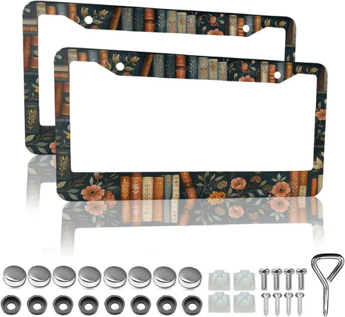 Miniatura 15 de Marcos de matrícula con flores en blanco y negro - 2 paquetes de soporte de matrícula divertidos y personalizados, piezas decorativas de acero