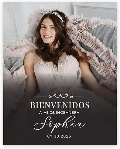 Andaz Press Letrero de bienvenida de quinceañera grande personalizado, Art Deco Bienvenidos de 16 x 20 pulgadas, lienzo premontado para fotos para