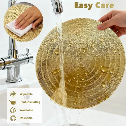 Miniatura 7 de Juego de 6 manteles individuales dorados redondos de PVC de 15 pulgadas, resistentes al calor y al agua, lavables para mesa de comedor, elegante