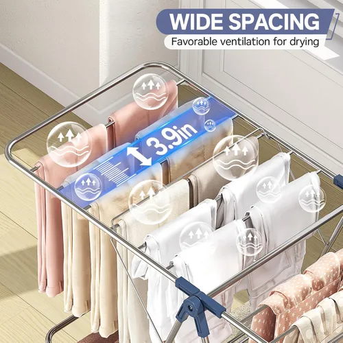 Miniatura 4 de APEXCHASER Estante de Secado de Ropa con 4 Alas, Estante de Secado de Ropa de Acero Inoxidable con Altura Ajustable, Plegable, Estante de Secado