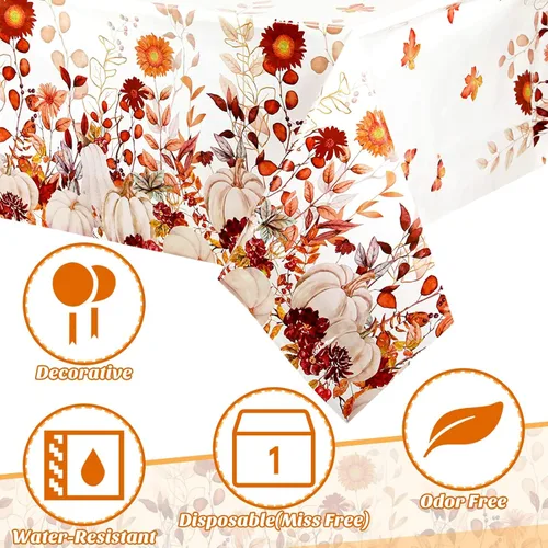 Miniatura 4 de Newwiee 4 manteles de plástico de otoño, manteles de plástico de Acción de Gracias, diseño de calabaza silvestre, mantel rectangular de otoño