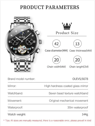Miniatura 6 de OLEVS Men Automatic Watch Skeleton Moon Phase Dial Luxury Dress Stainless Steel Strap 5 Hands Diamond Men Wrist Watches