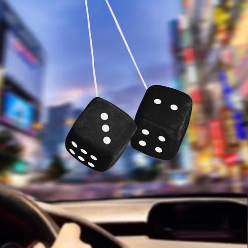 Miniatura 3 de Dados peludos para espejo retrovisor, dados negros peludos para espejo de automóvil, 2.75 pulgadas, par de dados colgantes cuadrados retro de felpa