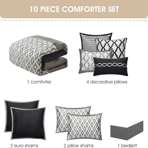 Miniatura 4 de Grand Avenue Juego de edredón negro tamaño King, 10 piezas, edredones y juegos de ropa de cama jacquard, falda de cama a juego, almohadas y fundas