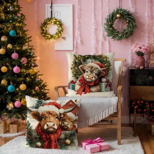 Miniatura 2 de Juego de 4 fundas de almohada de Navidad con diseño de vaca de las tierras altas, estilo campestre, vintage, para el hogar, sofá, sala de estar
