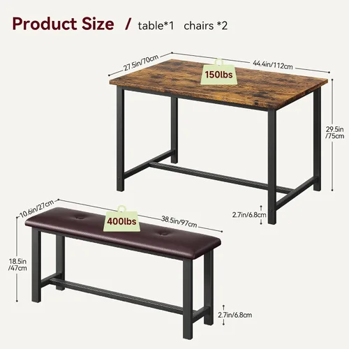 Miniatura 6 de Alkmaar Juego de mesa de cocina con 2 bancos tapizados para 4 personas, mesa rectangular de metal y madera para espacios pequeños, apartamento