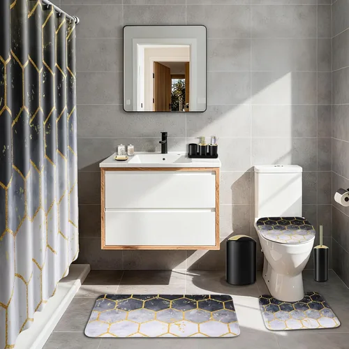 Miniatura 7 de BSSN Juego de 25 accesorios de baño negros y dorados con cortina de ducha y alfombras, basura, cepillo de inodoro, dispensador de jabón, soporte