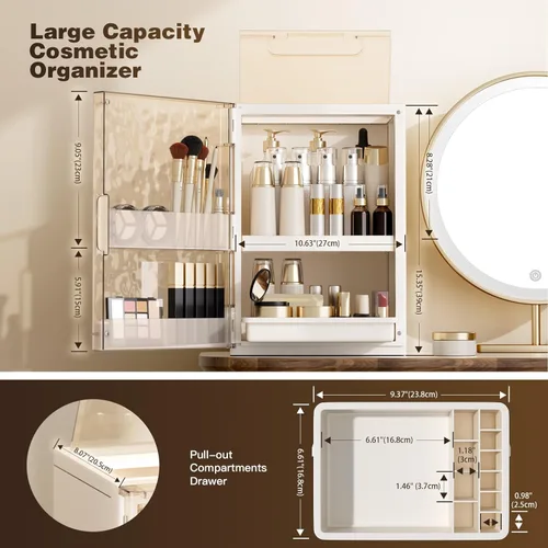 Miniatura 5 de Organizador de maquillaje con cajones, organizador de cuidado de la piel para tocador, vitrina grande de cosméticos con asa, organizadores