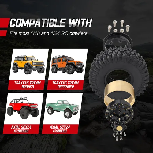 Miniatura 6 de HobbyPark Ruedas y neumáticos Beadlock de latón 1.0 para Traxxas TRX4M Piezas de actualización Axial SCX24 1/24 RC Crawler Reemplazo (paquete de 4)