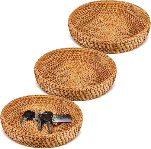 Miniatura 9 de Hushee 1 pieza Cesta pequeña redonda para entrada Mesa tejida de mimbre Cesta para llaves Cesta de ratán Bandeja redonda Organizador para llavero