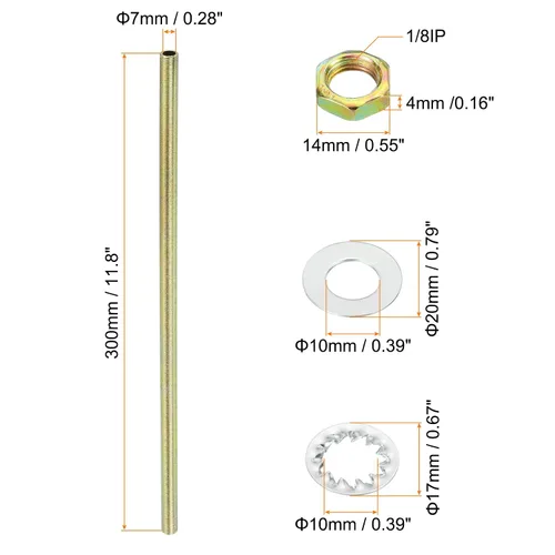 Miniatura 2 de PATIKIL Kit de tubo de lámpara de rosca de 1/8 IP de 11.8 pulgadas con arandelas de tuercas de bloqueo, 1 juego de accesorios surtidos