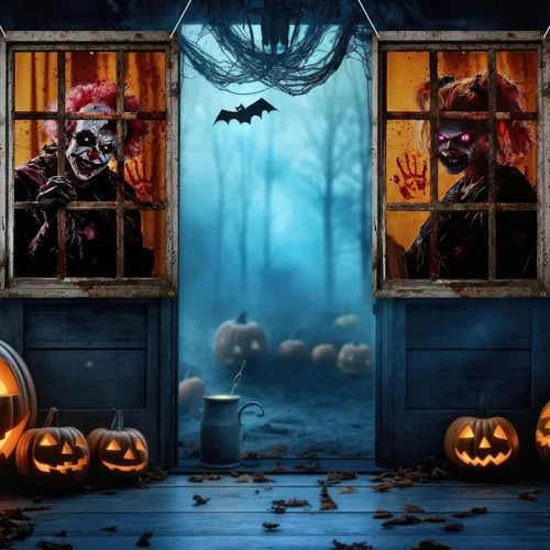 Miniatura 2 de SmoothNovelty 4 Pack Halloween Window Decorations Halloween Clown Curtain Scary Window Silhouettes Cover, Horror Clown with Blood for Garage Door