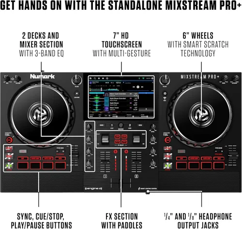 Miniatura 6 de Numark Controlador de DJ Mixstream Pro+ con Separación de Stems, 2 Decks, Transmisión Wi-Fi, Mezclador, Pantalla Táctil de 7", Altavoces, funciona