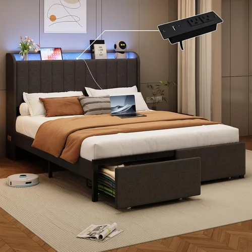 Miniatura 10 de Marco de cama completa con 4 cajones y cabecera de almacenamiento, marco de cama de plataforma tapizada tamaño completo con luces LED y práctica