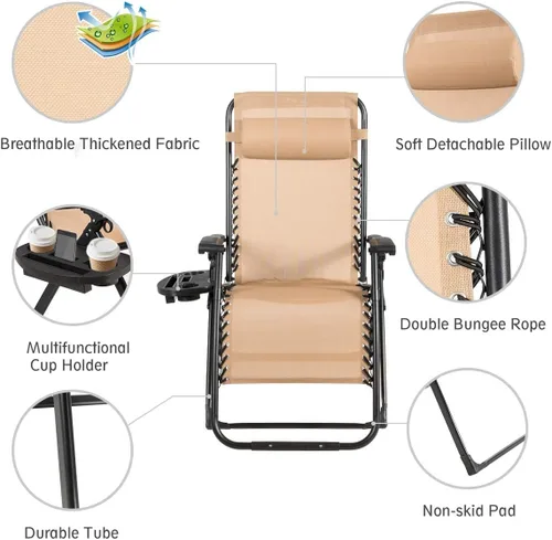Miniatura 5 de DORTALA Silla Zero Gravity, silla de descanso con soporte para tazas, tela transpirable, reposacabezas desmontable, tumbona resistente de 500 libras