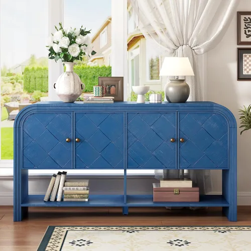 Miniatura 19 de Virubi Armario de buffet acanalado de 63 pulgadas con almacenamiento, puertas y estantes ajustables, mesa consola curva de madera con Azul marino