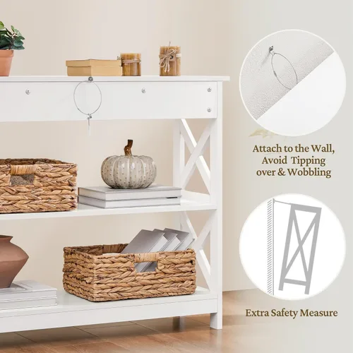 Miniatura 5 de Yaheetech Mesa consola con cajón, mesa de entrada de 3 niveles con estantes de almacenamiento, mesa de sofá estrecha de madera para Blanco