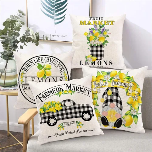 Miniatura 6 de Hexagram Lemon Farmhouse - Juego de 4 fundas de almohada de 16 x 16 pulgadas, fundas decorativas de verano a cuadros de búfalo, fundas de cojín