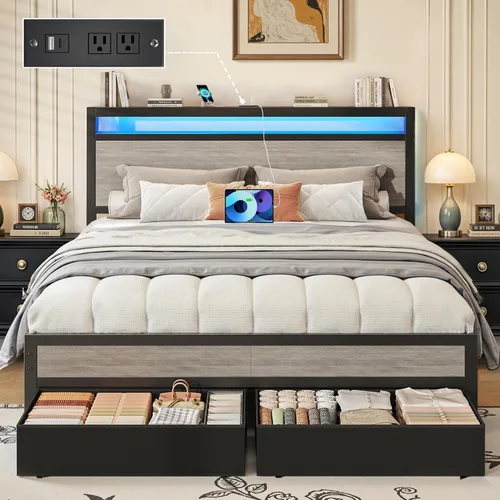 Miniatura 11 de Fluest Base de cama individual, base de cama individual con cabecera de almacenamiento y cajón de almacenamiento, estación de carga y luz LED,