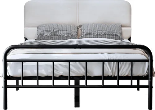Miniatura 8 de Base de cama metálica de 14 pulgadas, base de cama tamaño matrimonial con cabecero tapizado, base de colchón resistente y de alta capacidad, fácil