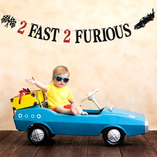 Miniatura 4 de Cartel de 2 Fast 2 Furious - Cartel de banderines de fiesta temática de auto de carreras, decoraciones de segundo cumpleaños para niños, suministros