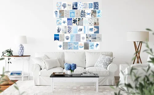 Miniatura 7 de Arte de pared de surf costero de playa, juego de 50 pósteres e impresiones de collage sin marco, decoración de pared de playa retro azul, decoración