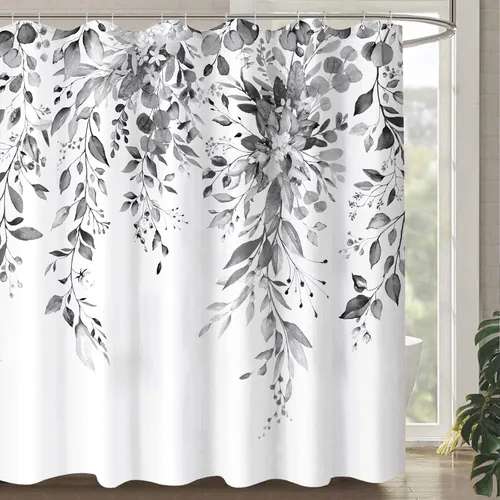 Cortina de ducha extra larga de eucalipto gris y blanco de 84 pulgadas, cortinas de ducha de hojas florales grises para baño, cortina de baño de